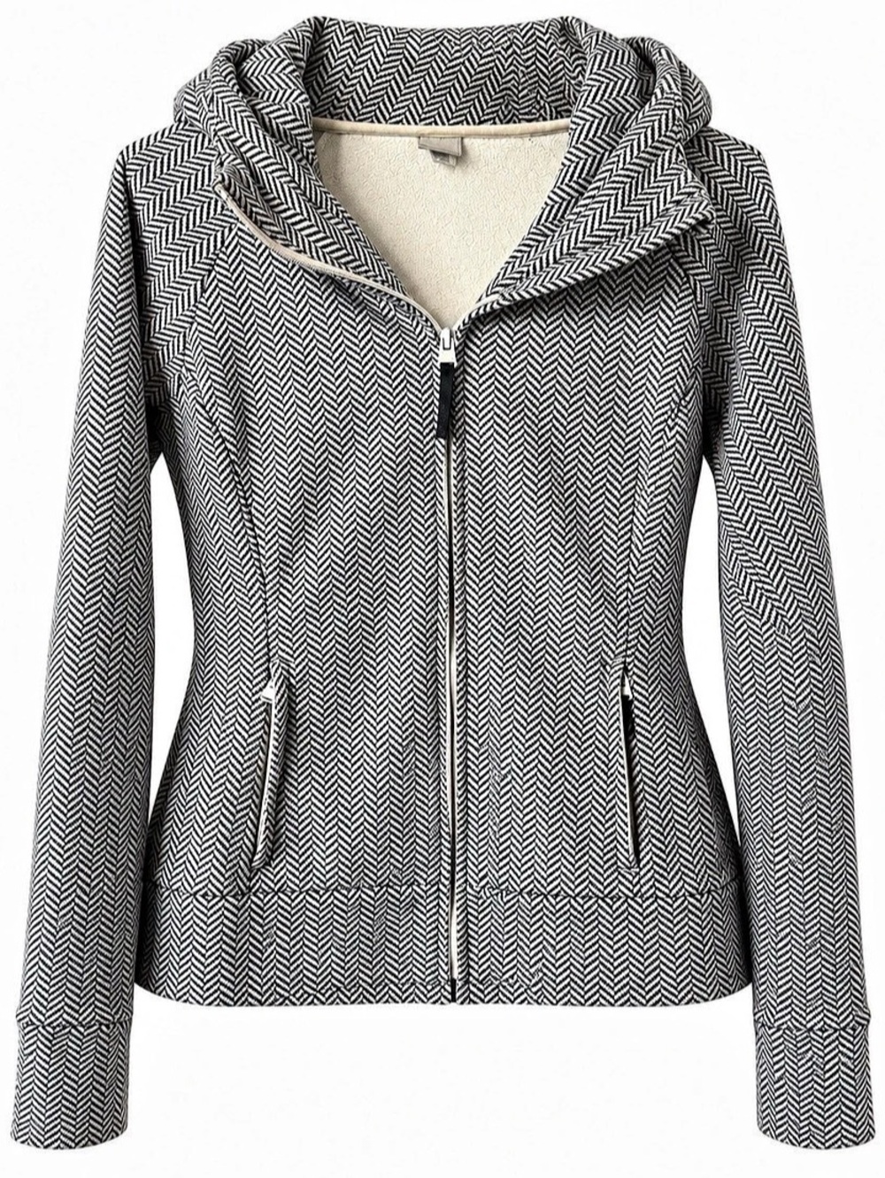 Bench Women’s Herringbone Very Warm Fleece Lined Zip Hoodie Jacket Black Cream L